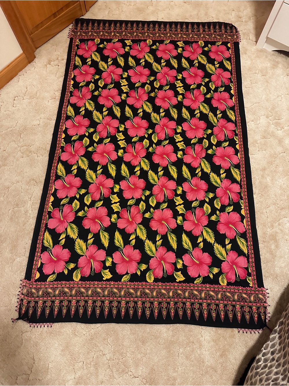 Graham Kandiah Floral Cotton Sarong Wrap - Black with Pink & Yellow Print-